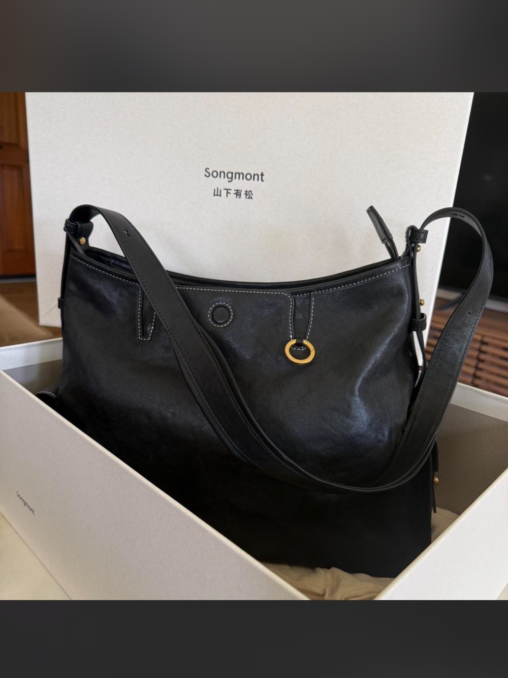 Songmont Black Leather Shoulder Bag with Gold Ring Detail